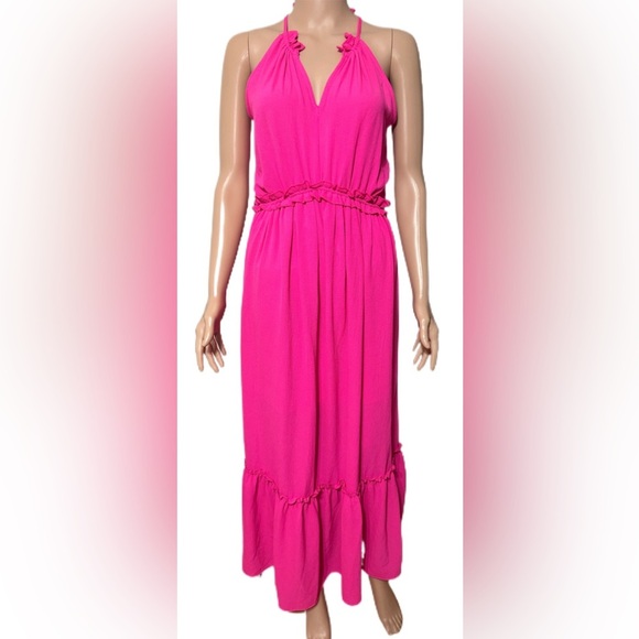 Staccato Dress L Bright Pink Halter Maxi Tiered Ruffle Sleeveless Summer Boho 11 - Picture 2 of 8